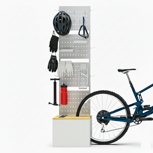 bicycle parking rack with organizer shelf in modern garage setting